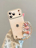 Camellia leather phone case with pearl chain