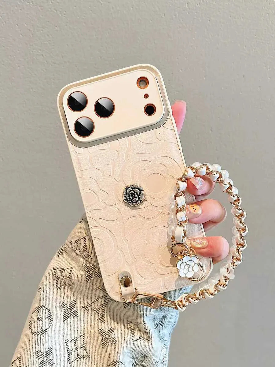 Camellia leather phone case with pearl chain